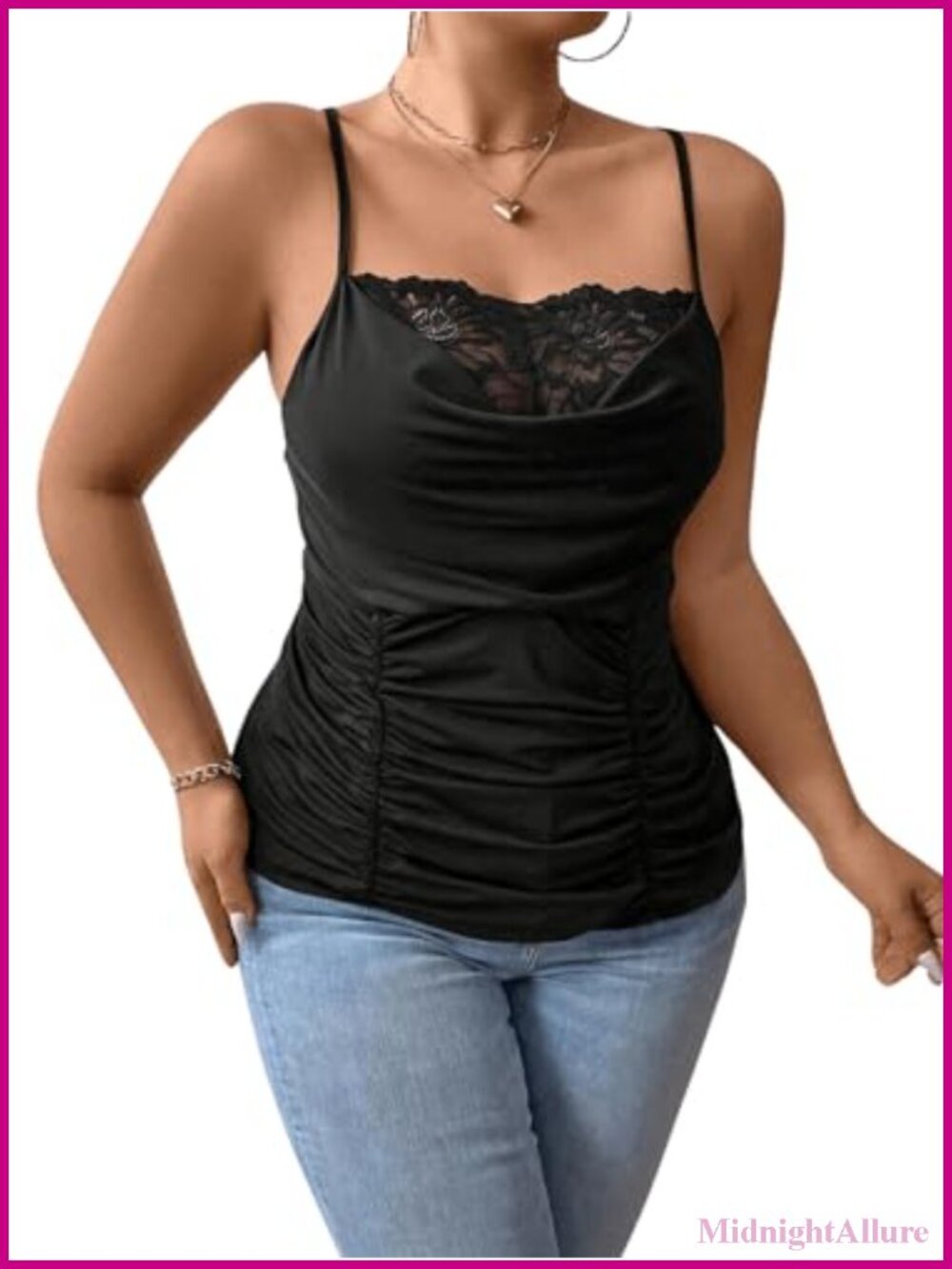 Plus Size Lace Trim Ruched Cami Top Spaghetti Strap Draped Front Sleeveless